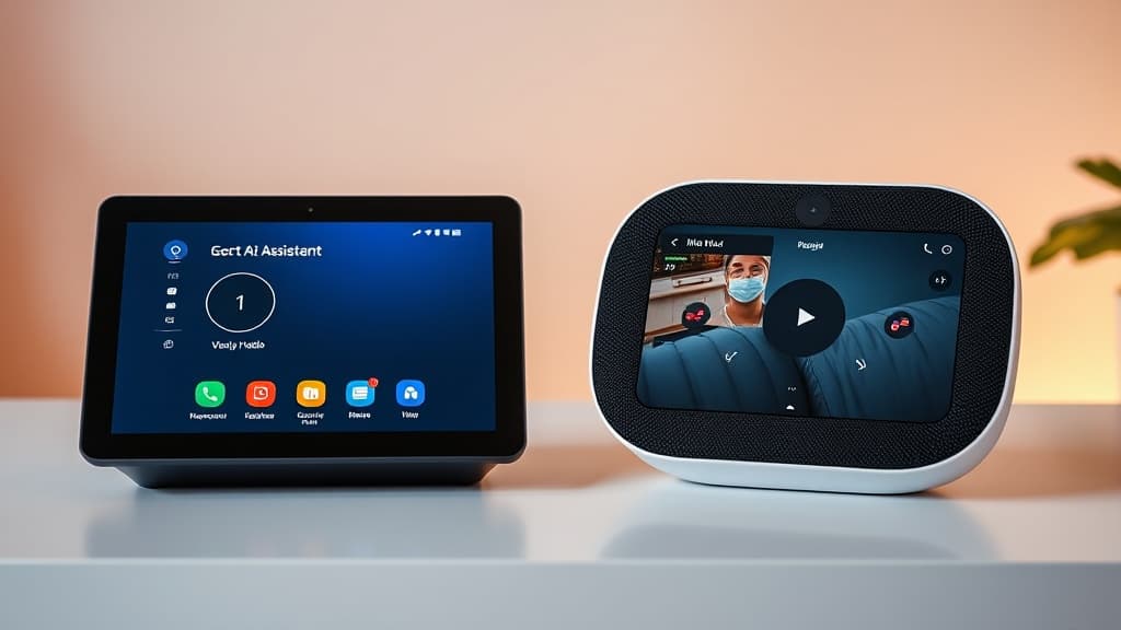 Amazon Echo and Google Nest smart speakers side by side on a kitchen counter