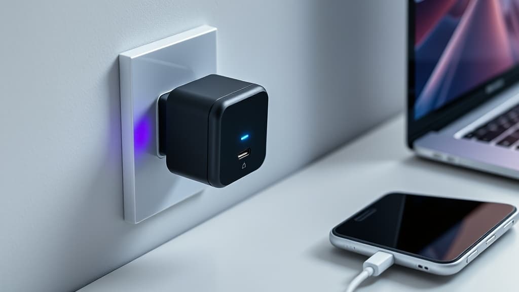 Compact USB-C GaN charger powering multiple devices on a desk