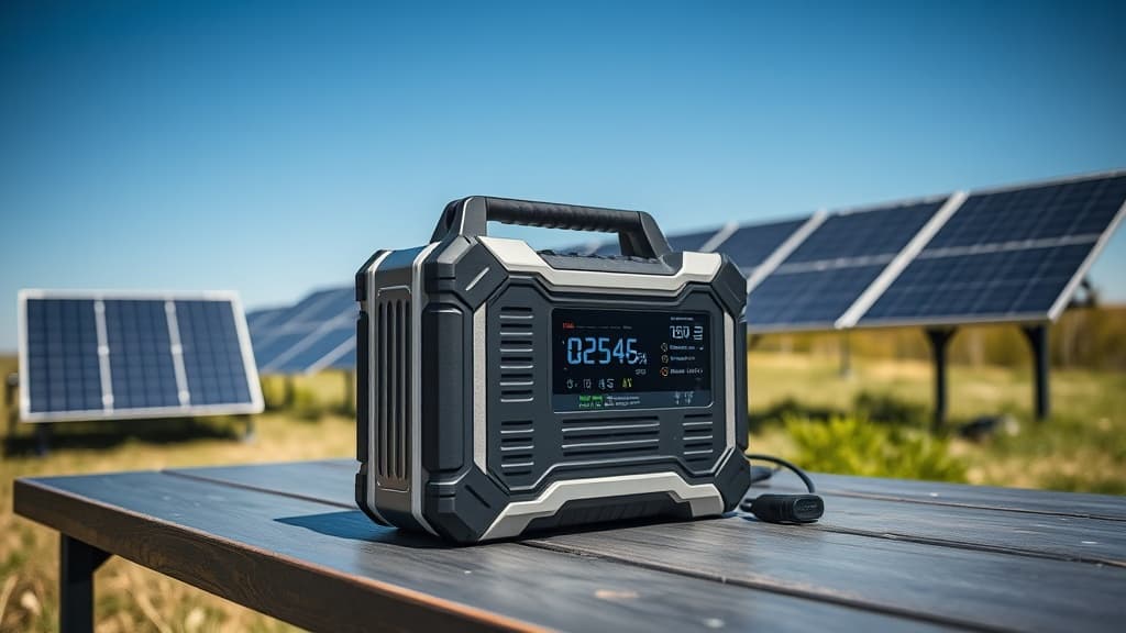 Anker SOLIX C1000 Gen 2 portable power station on a camping table outdoors with solar panels in the background