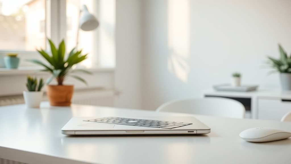 Apple MacBook Neo laptop in Indigo color open on a desk showing the Liquid Retina display