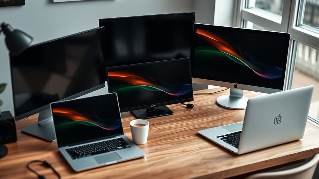 A collection of portable monitors arranged on a wooden desk alongside a laptop and coffee cup