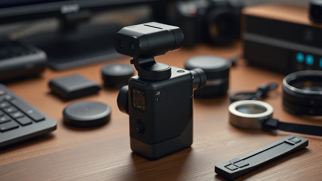 DJI Osmo Pocket 4 gimbal camera on a creator's desk with accessories