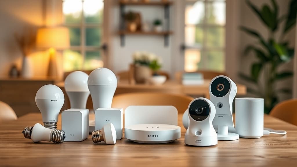 Budget smart home devices arranged on a table including smart plugs, bulbs, a hub, and a camera