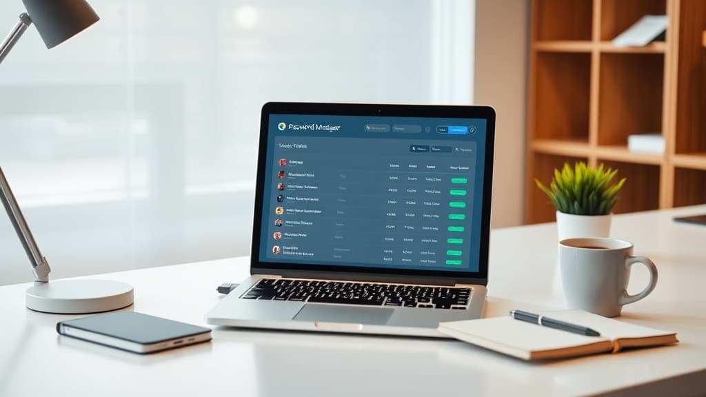 Laptop screen showing a password manager migration workflow with a clean desk setup