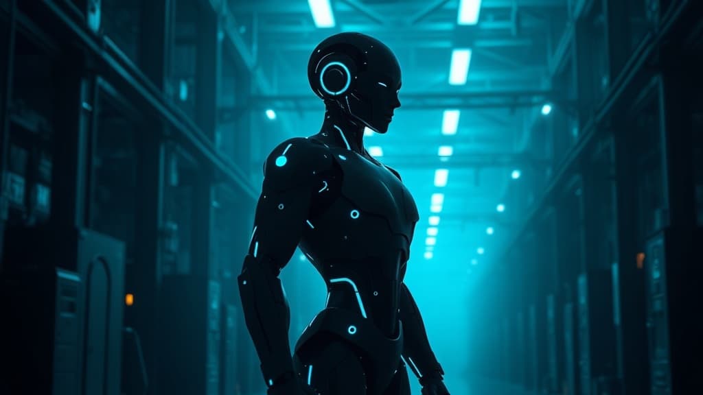 Futuristic humanoid robot standing in a modern factory with glowing blue accents