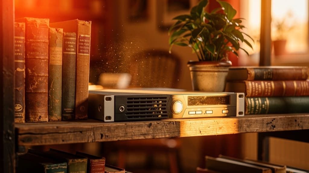Home lab server rack with blinking LEDs sitting next to a laptop showing self-hosted service dashboards