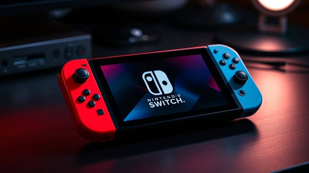 Nintendo Switch 2 console with Joy-Con controllers on a dark gaming desk
