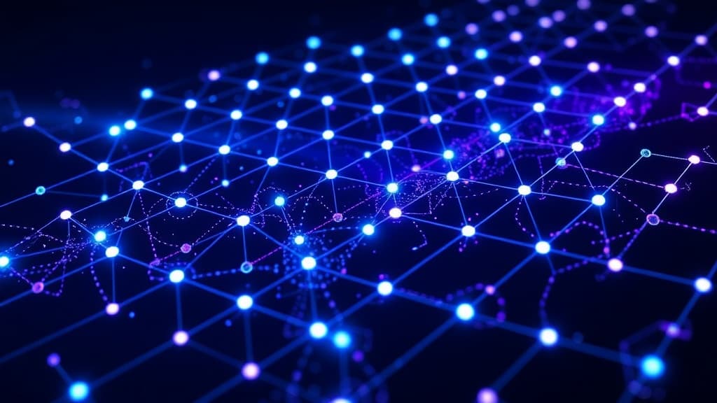 Abstract visualization of quantum computing circuits with glowing blue qubits on dark background