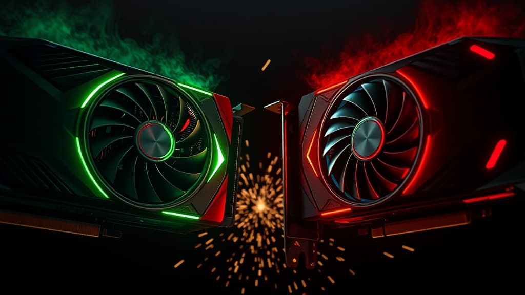 Two high-performance graphics cards representing the RTX 5070 Ti and RX 9070 XT comparison