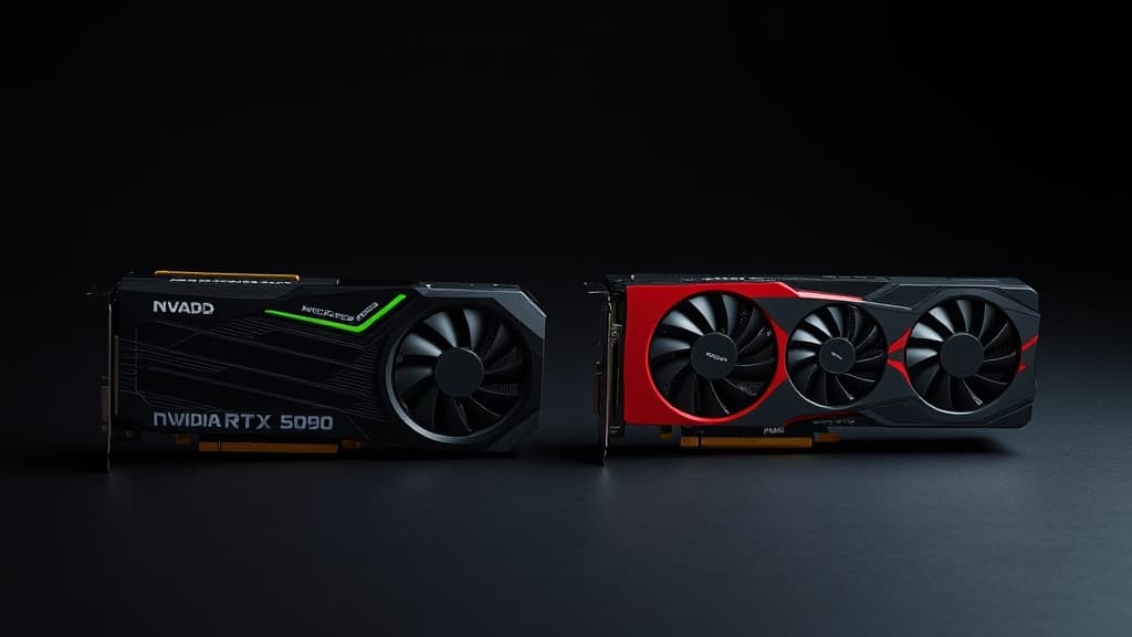 NVIDIA RTX 5090 and AMD Radeon RX 9070 XT graphics cards side by side on a clean surface