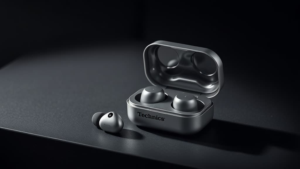 Technics EAH-AZ100 true wireless earbuds in black resting on their charging case