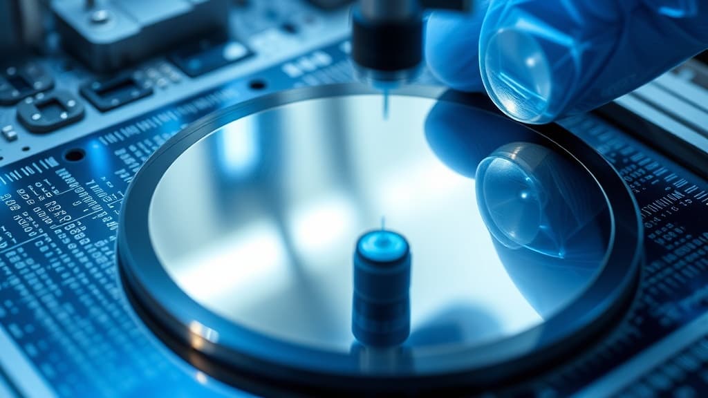 Editorial photograph of a silicon wafer and semiconductor fabrication equipment in a cleanroom