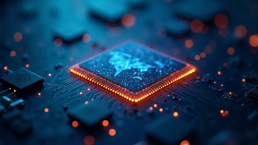 Silicon semiconductor wafer overlaid with faint world map lines and US and China flag accents