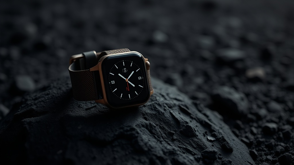 Apple Watch Ultra 3 in natural titanium on a dark rugged surface