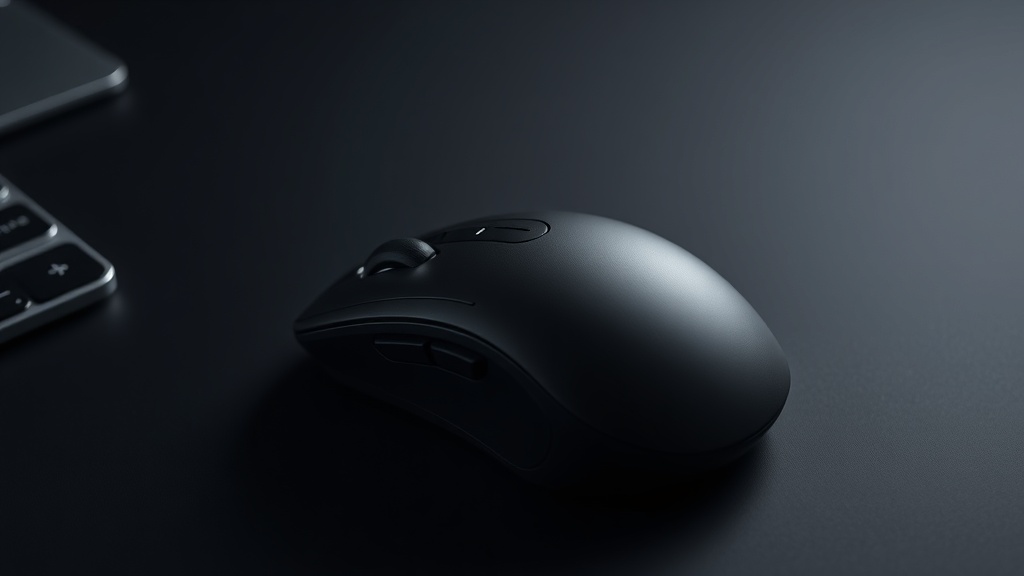Logitech MX Master 4 mouse on a dark desk with the scroll wheel and thumb controls visible, editorial product photography