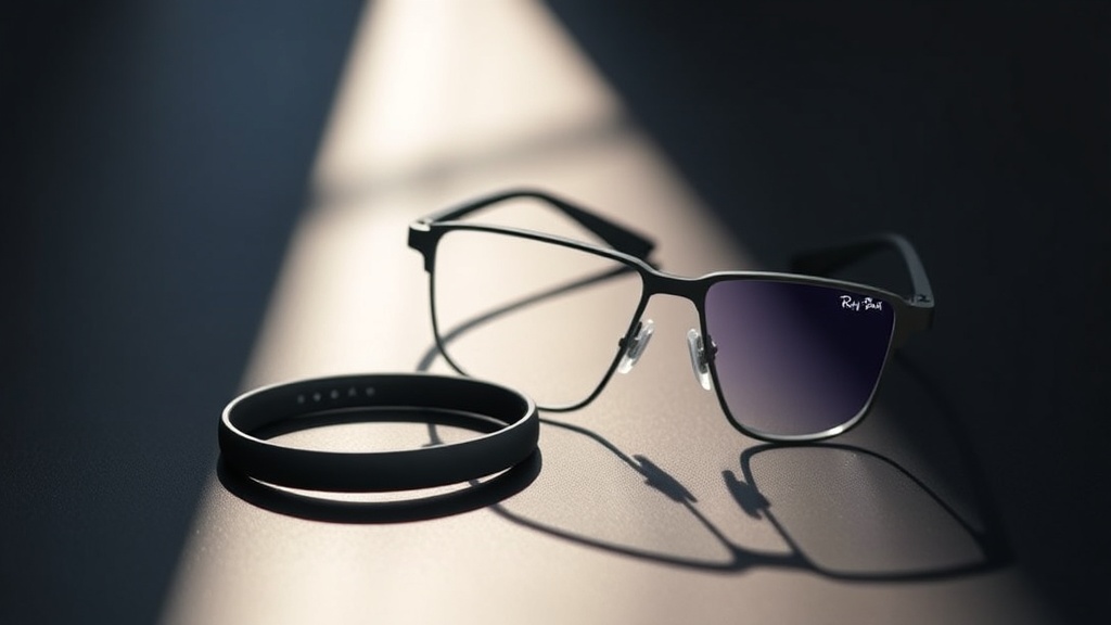 Meta Ray-Ban Display smart glasses on a minimal dark surface with the Neural Band wristband alongside