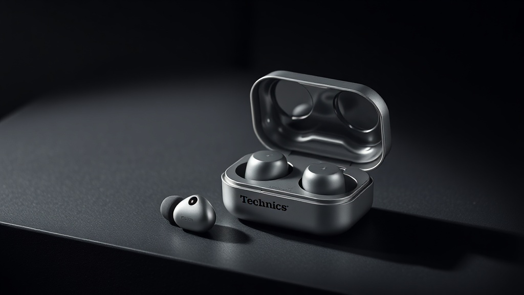 Technics EAH-AZ100 true wireless earbuds in black resting on their charging case